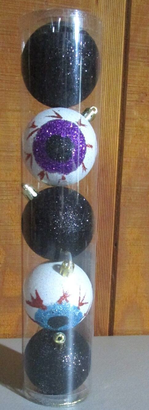 Halloween Ornaments Set Black & White Eyes Glitter Balls Tree Wreath Decor